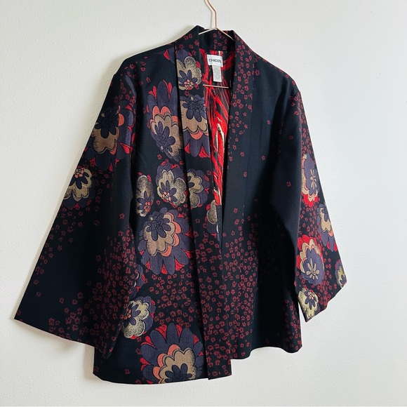 Chico's Black Floral Kimono Blazer Jacket Boho - Picture 8 of 10